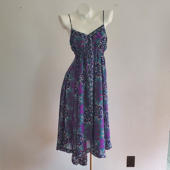 Nicole Miller Printed Empire Waist Hanki Hem Midi Dress Drawstring Empire Waist - Picture 1 of 14